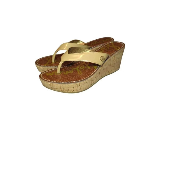 Sam Edelman Wedge Sandals Womens Size 8.5 M Romy Patent Leather Tan Flip Flop - Picture 1 of 12